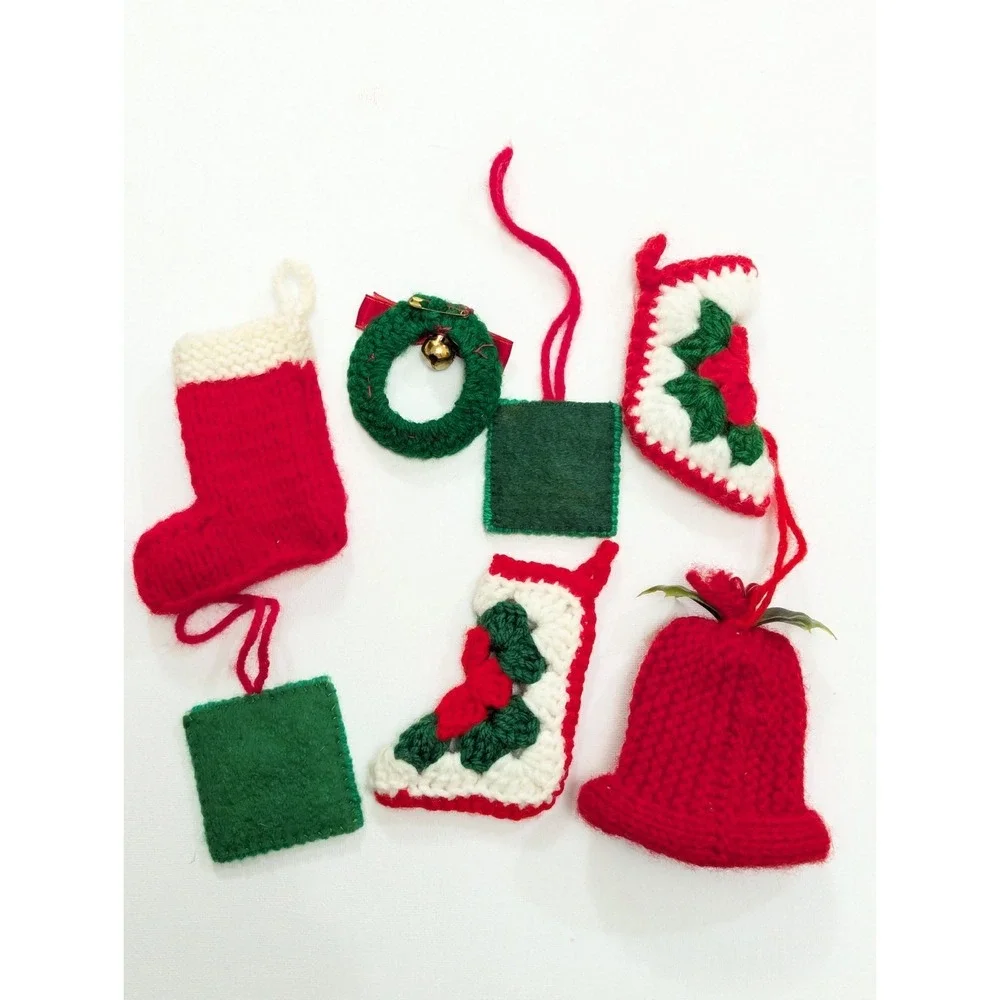 VTG Handmade Christmas Knit Crochet Plastic Canvas Yarn Ornaments Lot Of 7